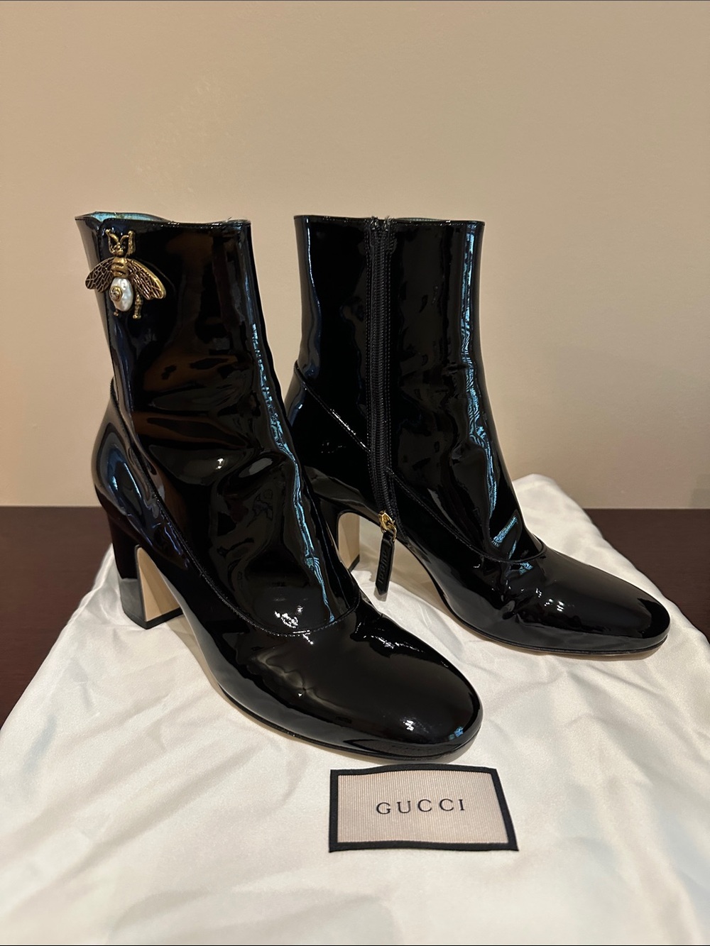 Gucci Black Patent Leather Bee Embellished Ankle Boots